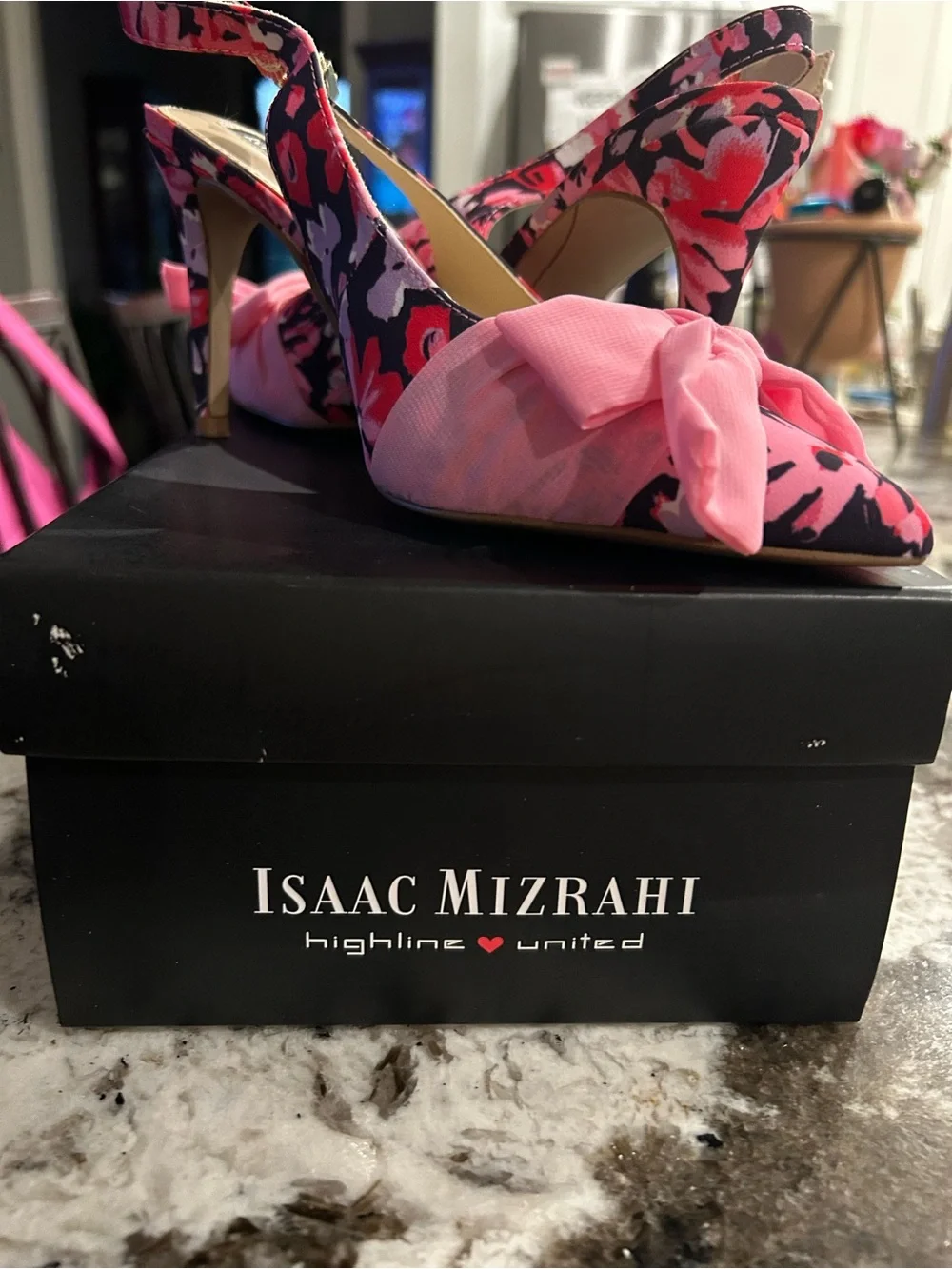 Isaac Mizrahi Floral Pink Pointed-Toe Slingback Heels with Bow